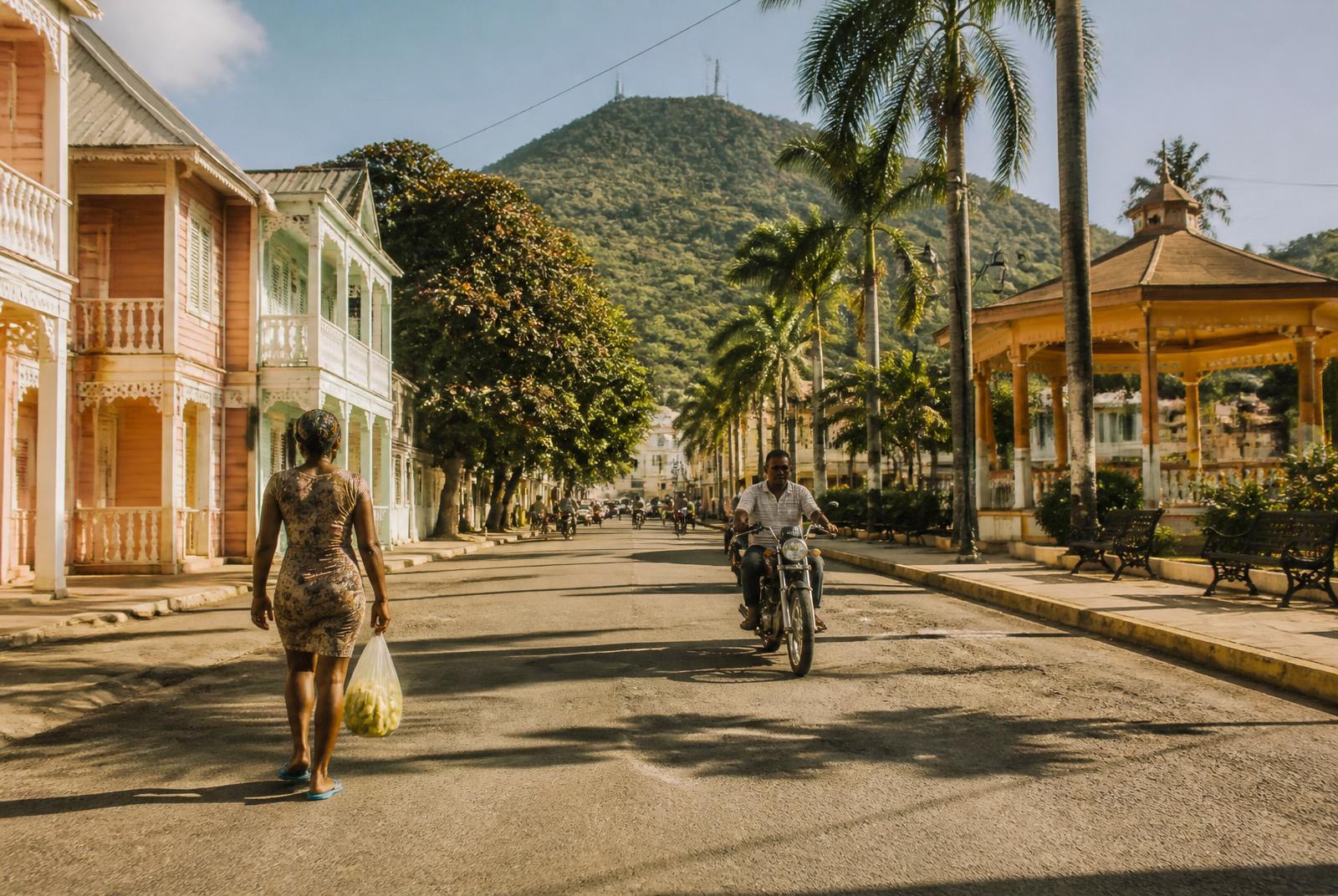 Puerto Plata street with Victorian houses and Pico Isabel de Torres